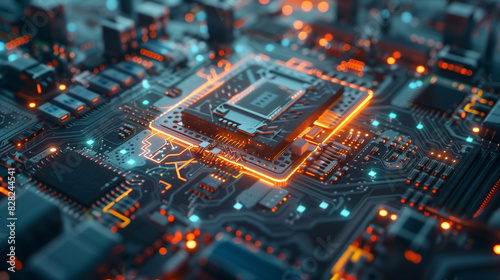 A futuristic CPU on a circuit board with luminescent pathways.