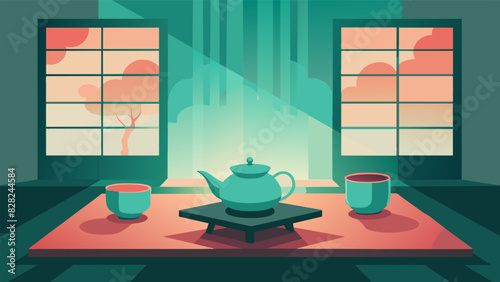 Soft natural light filtered through the windows casting a gentle glow on the traditional tea set arranged on the low table in the center of the room.. Vector illustration