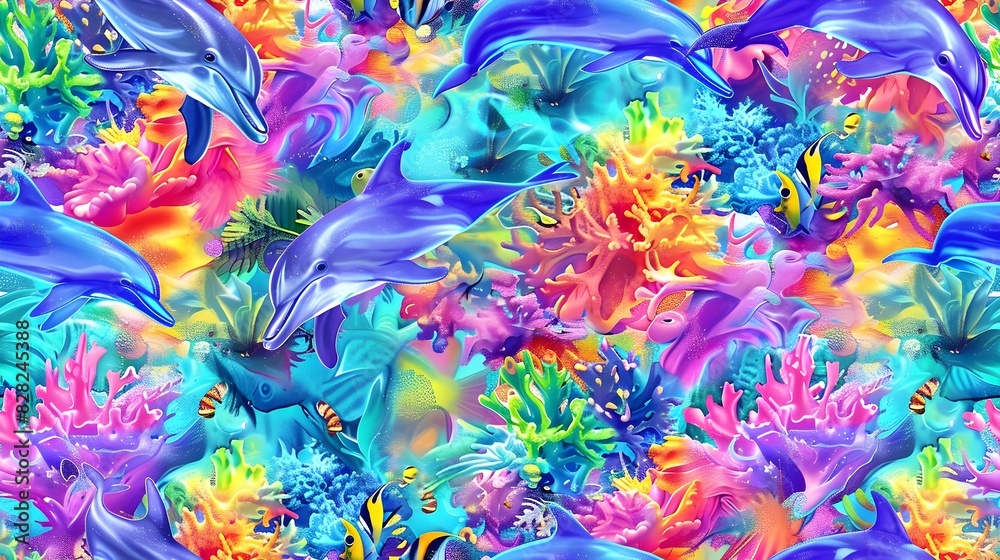 Vibrant Underwater Coral Reef with Playful Rainbow Dolphins and Tropical Fish