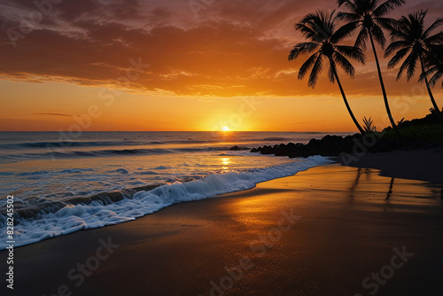 Burnt orange sunrise over a black sand beach with palm trees. 