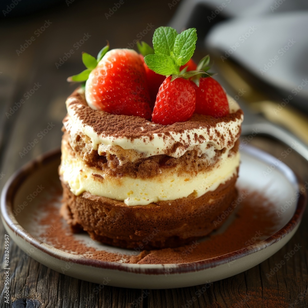 Gourmet Tiramisu Dessert with Fresh Strawberries and Mint on Wooden Background Gourmet Tiramisu Dessert with Fresh Strawberries and Mint on Wooden Background