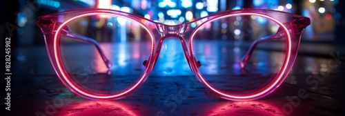 Neon-Lit Spectacles Illuminated on a Wet Urban Surface at Night photo