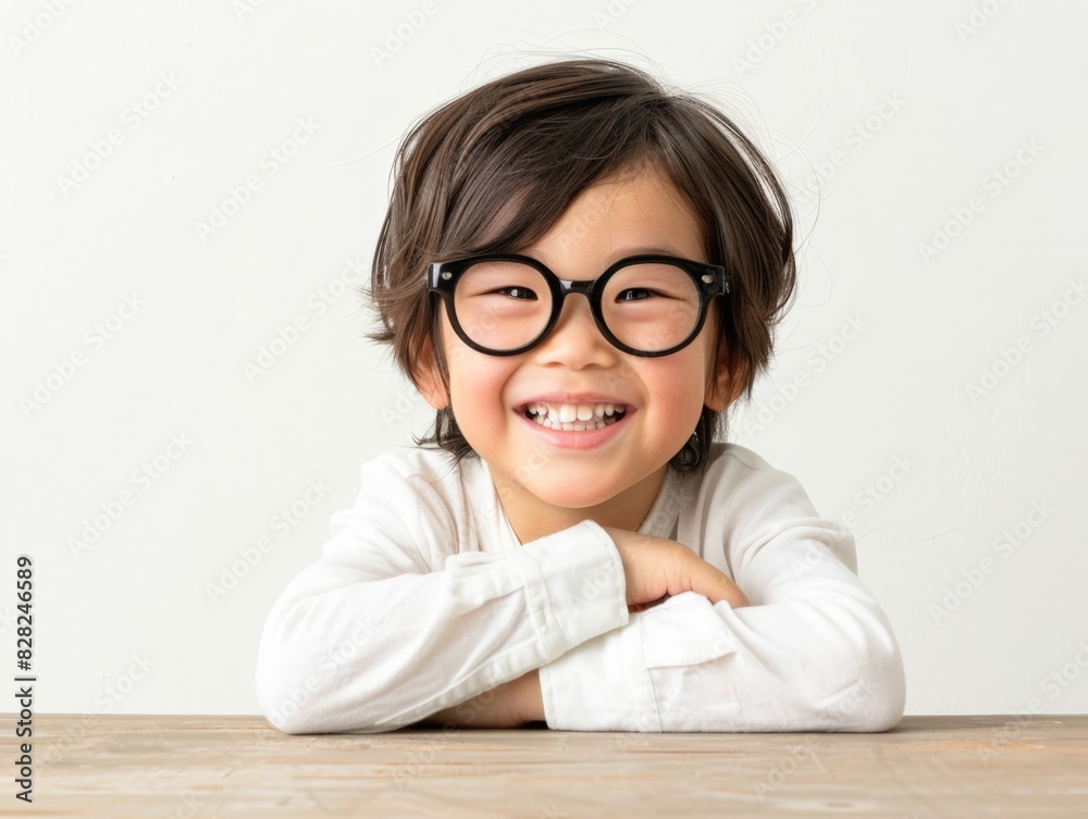 Smiling Young Boy with Glasses Leaning on Table against White Background Smiling Young Boy with Glasses Leaning on Table against White Background