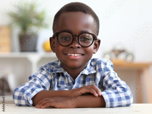 Smiling African American Young Boy in Glasses with Plaid Shirt Posing at Table