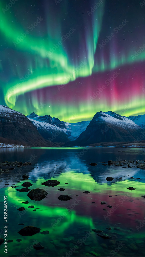 Beautiful landscape with a calm lake surrounded by mountains with the magical northern lights dancing the night sky