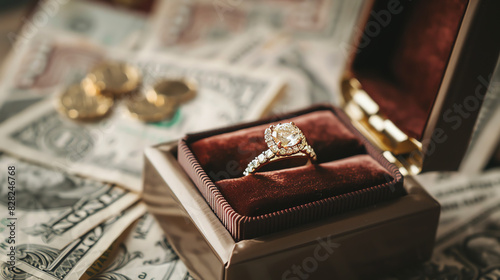 An open ring box with a diamond ring inside. The box is sitting on top of a pile of money. © Awais