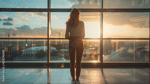 Free Download Ambitious professional standing alone in an urban office, reflecting on her career - GFXLoad