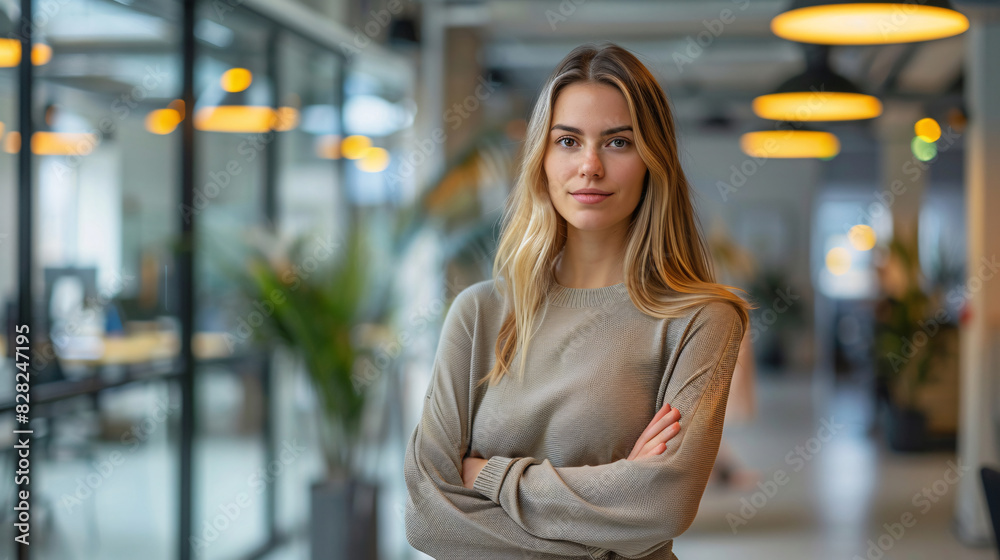 Ambitious woman standing in an office with a city view, representing success and determination Ambitious woman standing in an office with a city view, representing success and determination