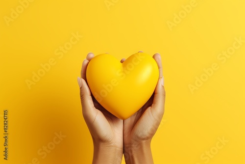 Heart shaped hands on yellow background   love and minimal fashion in hyper realistic 3d rendering
