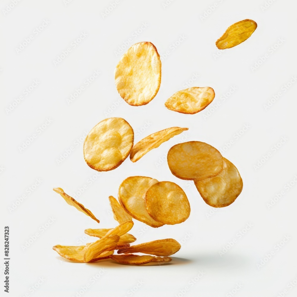Crispy Golden Potato Chips Floating Mid-Air on White Background Crispy Golden Potato Chips Floating Mid-Air on White Background