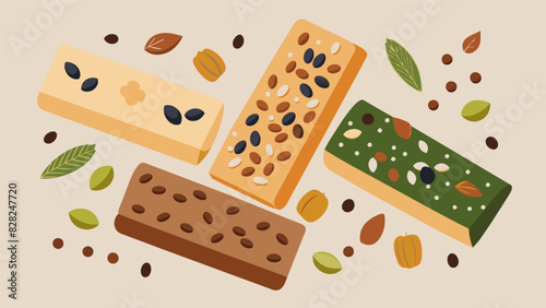 An assortment of flavorful homemade granola bars made with creative ingredients like coconut flakes chai es and pumpkin seeds.. Vector illustration