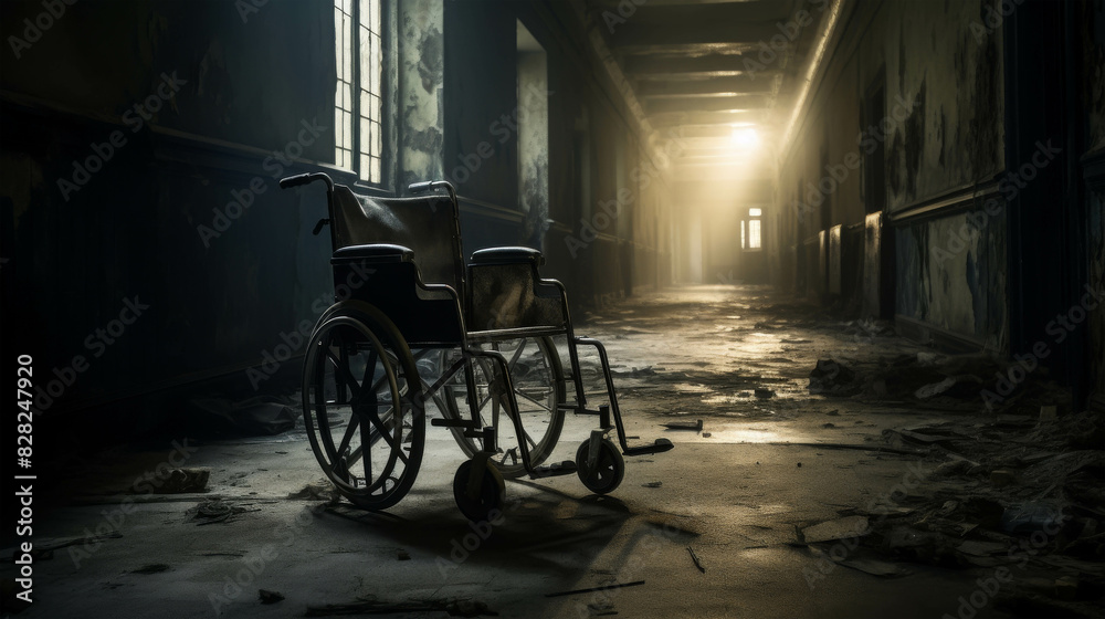 An abandoned wheelchair sits in a dimly lit, decaying hallway of an old, run-down building, bathed in eerie light from broken windows.