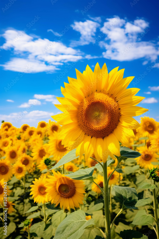 Bright sunflower field on a sunny day with blue skies and fluffy clouds, showcasing vibrant yellow blooms and lush green leaves. Bright sunflower field on a sunny day with blue skies and fluffy clouds, showcasing vibrant yellow blooms and lush green leaves.