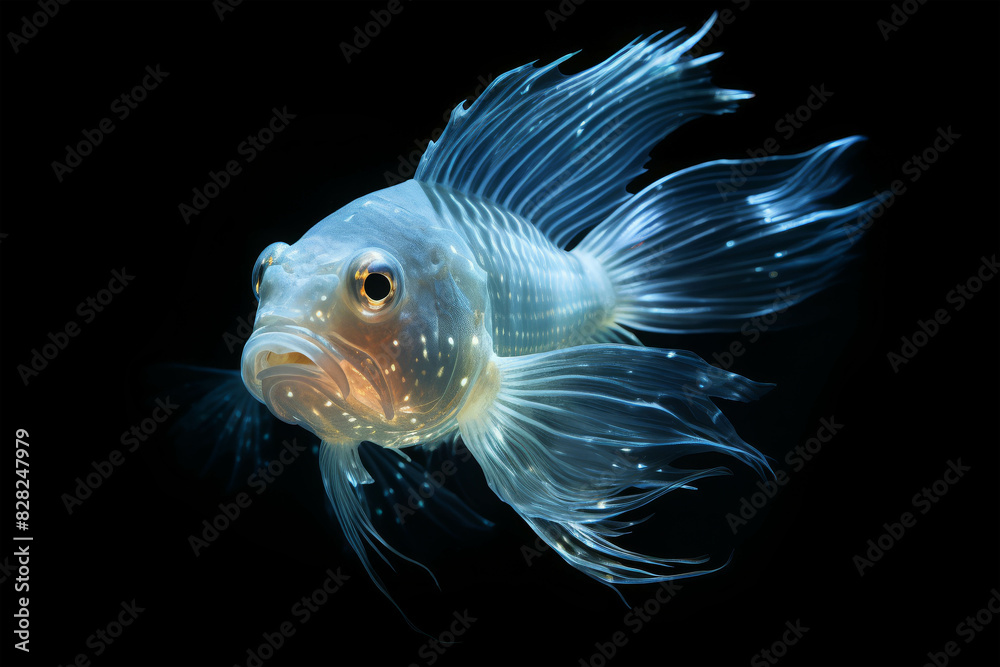 Close-up of a majestic, translucent fish with delicate fins and vibrant details, isolated on a black background. Close-up of a majestic, translucent fish with delicate fins and vibrant details, isolated on a black background.