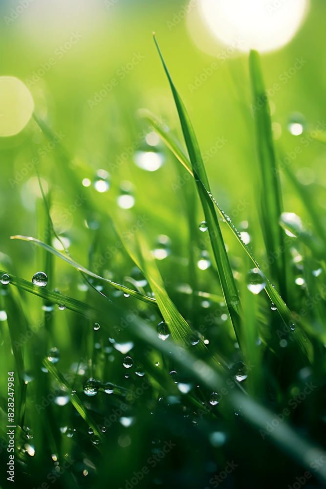 Fototapeta premium Close-up of fresh green grass blades sprinkled with dew drops, capturing the beauty of nature and lush greenery in the morning sunlight.