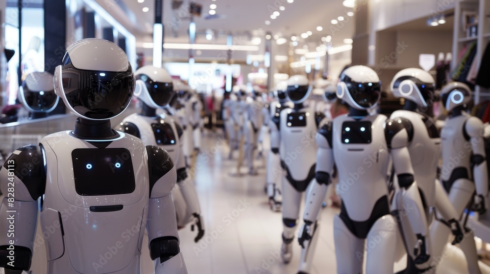 Obraz premium Advanced AI-Powered Shopping Experience in Busy Department Store. Futuristic 4K HD Wallpaper. AI-Generated Illustration. Background.