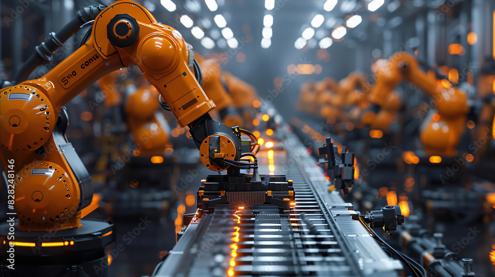 Automated production line in a smart factory, showcasing advanced robotics Automated production line in a smart factory, showcasing advanced robotics