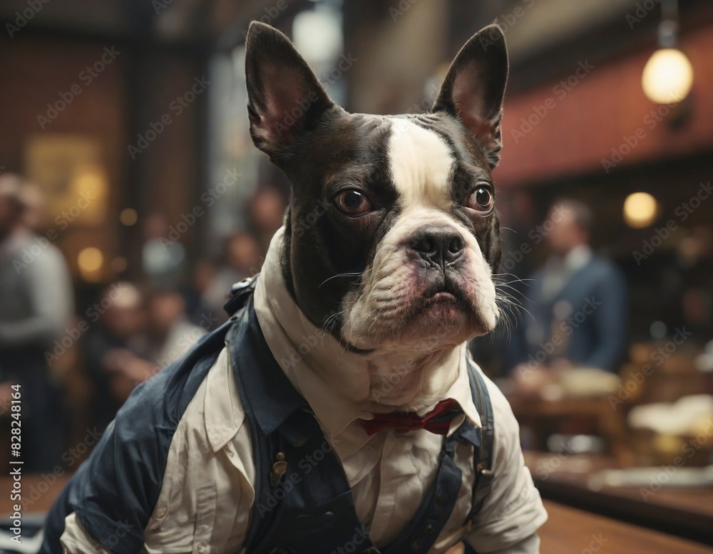 A Boston Terrier dressed in a business suit and bow tie, with a backdrop of a bustling bar.