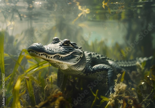 Underwater view of an alligator swimming in the swamp  showcasing its powerful stance and unique features