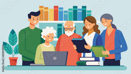 A group of seniors volunteer at a genealogy library helping younger generations with their family history research and sharing stories of their own ancestors.. Vector illustration