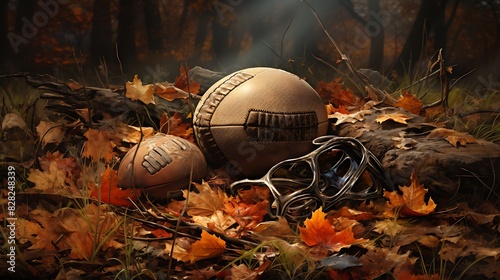 An old, deflated football forgotten under a heap of autumn leaves. photo