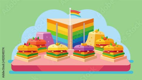 A rainbow of gourmet mini sandwiches showcasing different types of breads fillings and garnishes for an enticing visual and gastronomic experience.. Vector illustration