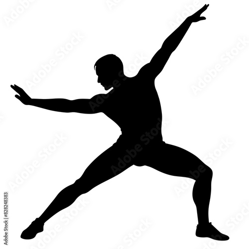 A man in a yoga pose, arms outstretched, silhouette