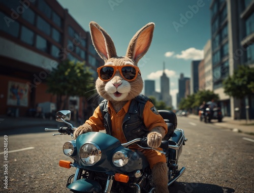 
Rabbit mascot cartoon wearing a sunglass riding a road motorcycle bike with snowfall Eiffel tower background
