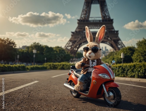 
Rabbit mascot cartoon wearing a sunglass riding a road motorcycle bike with snowfall Eiffel tower background
