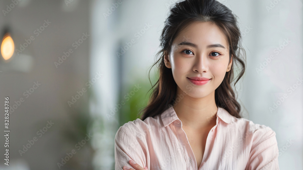 Beautiful Asian woman standing and gesturing towards empty space for advertising Beautiful Asian woman standing and gesturing towards empty space for advertising