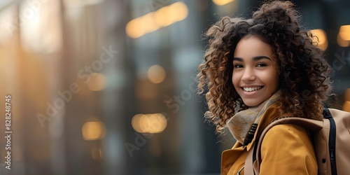 Cheerful student with curly hair smiles backpack slung over shoulder. Concept portrait, student life, cheerful expression, curly hair, backpack photo