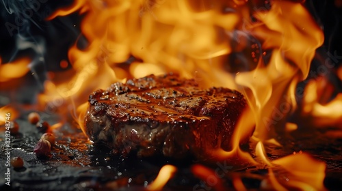 A close-up shot of a meat steak cooking on a dark stone surface, with flames leaping around it, highlighting the juicy texture and rich, savory aroma