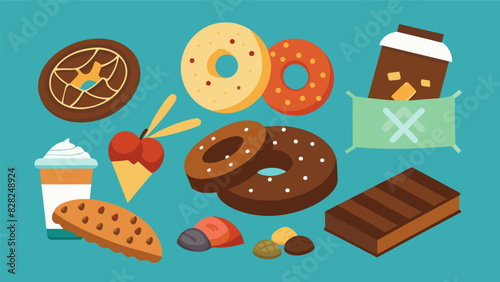 An allnatural spread of organic snack options from dark chocolatecovered pretzels to lightly salted rice crackers.. Vector illustration