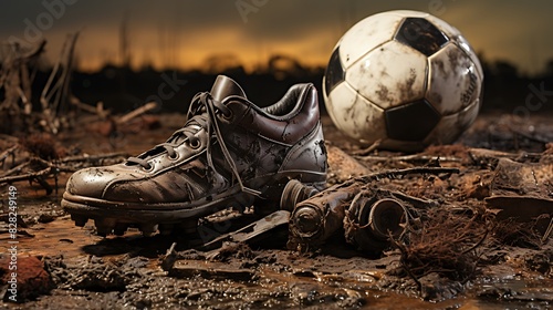 A worn-out football resting beside a muddy pair of boots. photo
