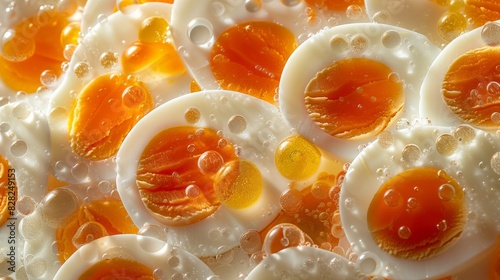 An abstract photograph of boiled egg slices, meticulously arranged to showcase the smooth, clean cuts and contrasting colors of the yolk and white. The minimalist design highlights the simplicity and