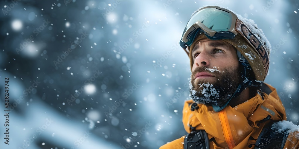 A bearded man in ski gear gazes off amidst a snowy scenery. Concept Winter Sport, Mountain Adventure, Skiing Lifestyle, Snowy Landscape, Outdoor Photography A bearded man in ski gear gazes off amidst a snowy scenery. Concept Winter Sport, Mountain Adventure, Skiing Lifestyle, Snowy Landscape, Outdoor Photography