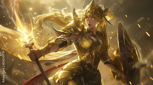 Envision the paladin girl, a vision of strength and beauty, clad in immaculate plate armor and wielding a shield and electric mace with deadly proficiency. 
 photo