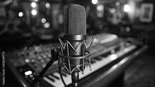 A studio microphone mounted on a stand in a simple recording setup, capturing the essence of sound engineering and studio equipment. The clean and minimalist composition focuses on the microphone's