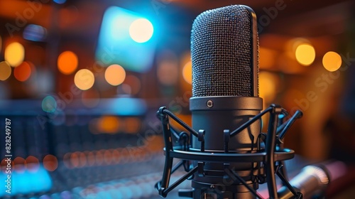 A documentary-style image of a studio microphone with mesh design, positioned on a stand in a professional recording studio environment. The minimalist composition and neutral color palette highlight