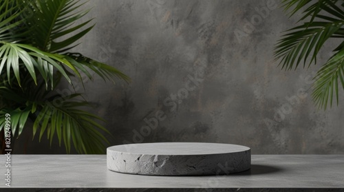 Background for cosmetic products grey concrete scene with geometric shapes. Concrete round and arc grey podium. Empty showcase for packaging product presentation. Mock up pedestal.