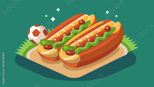 Miniature hot dogs complete with all the toppings making them easy to pop into your mouth while keeping an eye on a soccer match.. Vector illustration