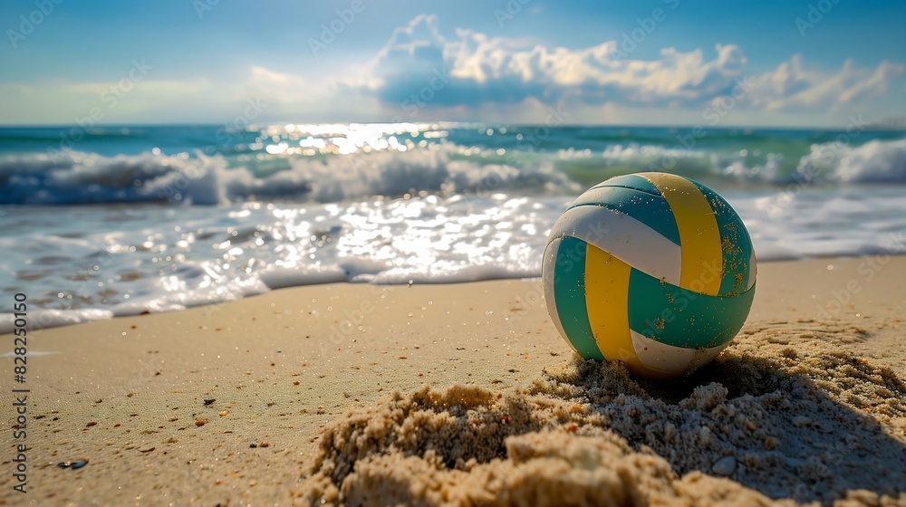 Obraz premium colored volleyball ball placed on the beach sand, with the ocean waves gently lapping nearby