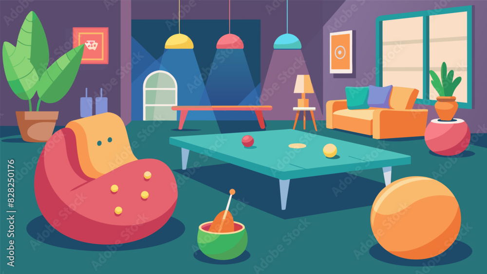 An inviting lounge area with colorful beanbag chairs board games and a ping pong table providing a fun and playful atmosphere to destress and recharge.. Vector illustration An inviting lounge area with colorful beanbag chairs board games and a ping pong table providing a fun and playful atmosphere to destress and recharge.. Vector illustration