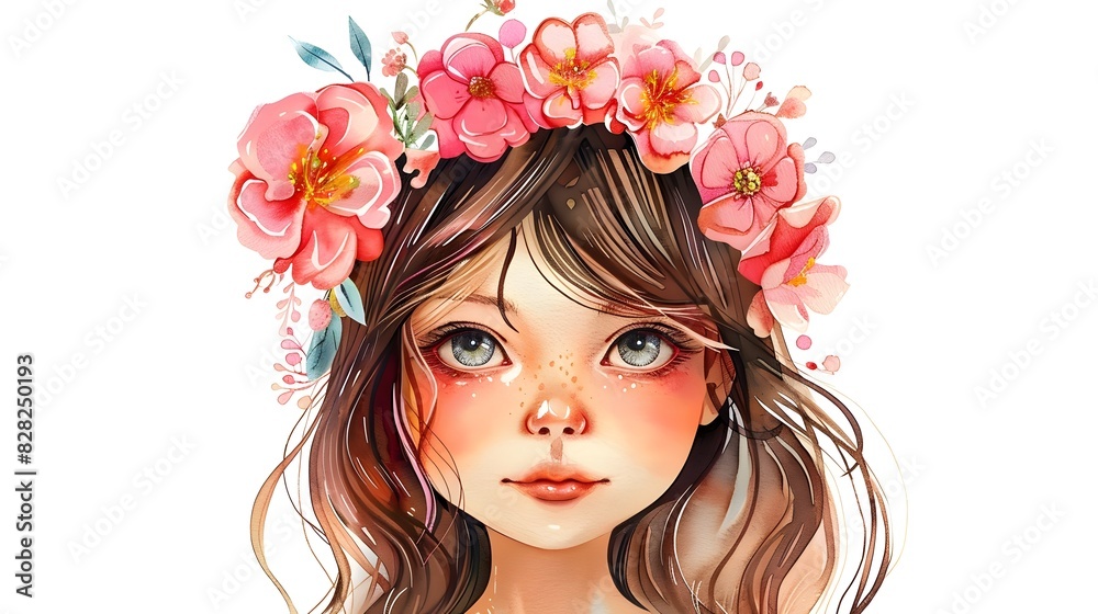 Naklejka premium Enchanting Floral Crown Adorns Beautiful Girl in Whimsical Watercolor