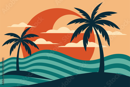 Tropical island paradise. Vintage poster background with palms and sea waves vector