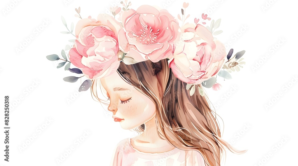 Delicate Flower Crown Portrait of a Dreamy Ethereal Girl in Watercolor Delicate Flower Crown Portrait of a Dreamy Ethereal Girl in Watercolor