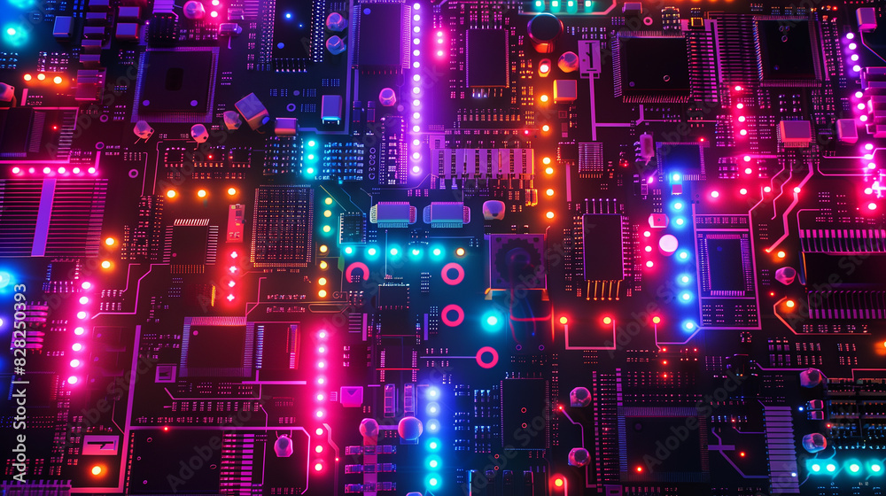 A modern circuit board with multicolored LEDs and microchips.