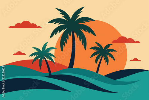 Tropical island paradise. Vintage poster background with palms and sea waves vector