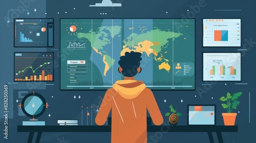 An illustration in 2D flat style showcasing a meteorologist presenting a weather forecast on television. The scene includes visual elements such as weather icons, maps, and temperature charts to