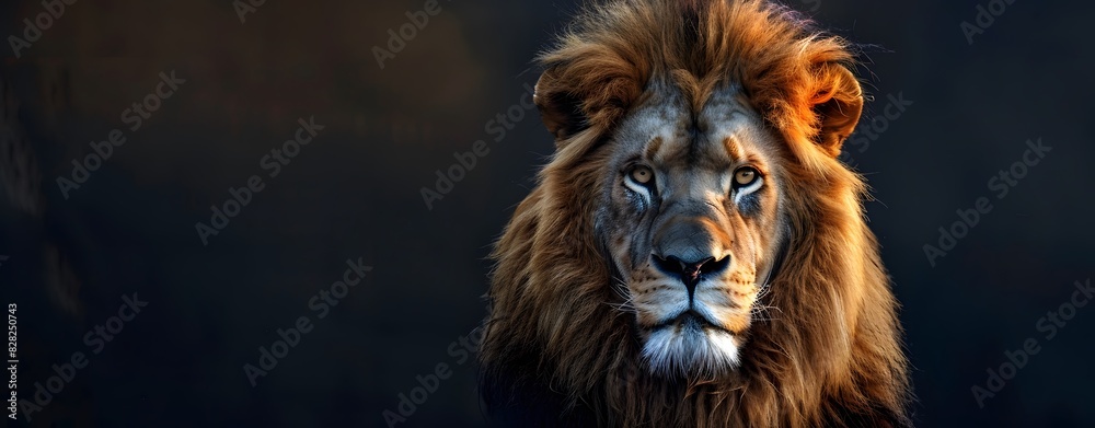 Fototapeta premium A majestic lion with piercing eyes, illuminated in the style of the golden glow of sunset